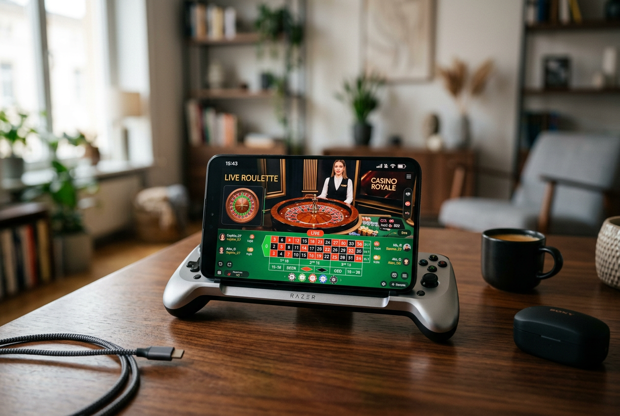 A modern smartphone displaying a colorful casino app with live roulette on a polished table.