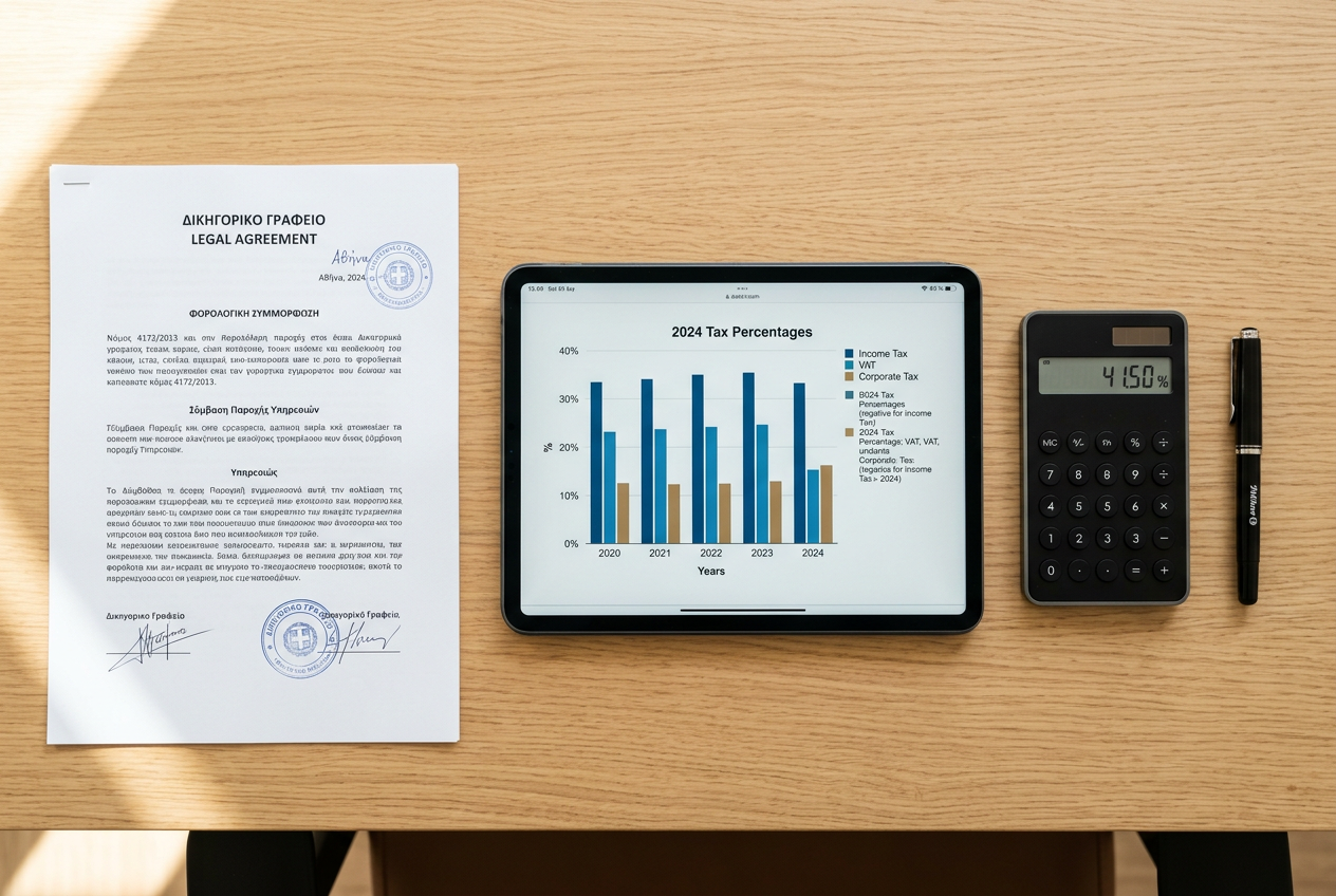 A workspace with a tablet showing tax information and legal documents.