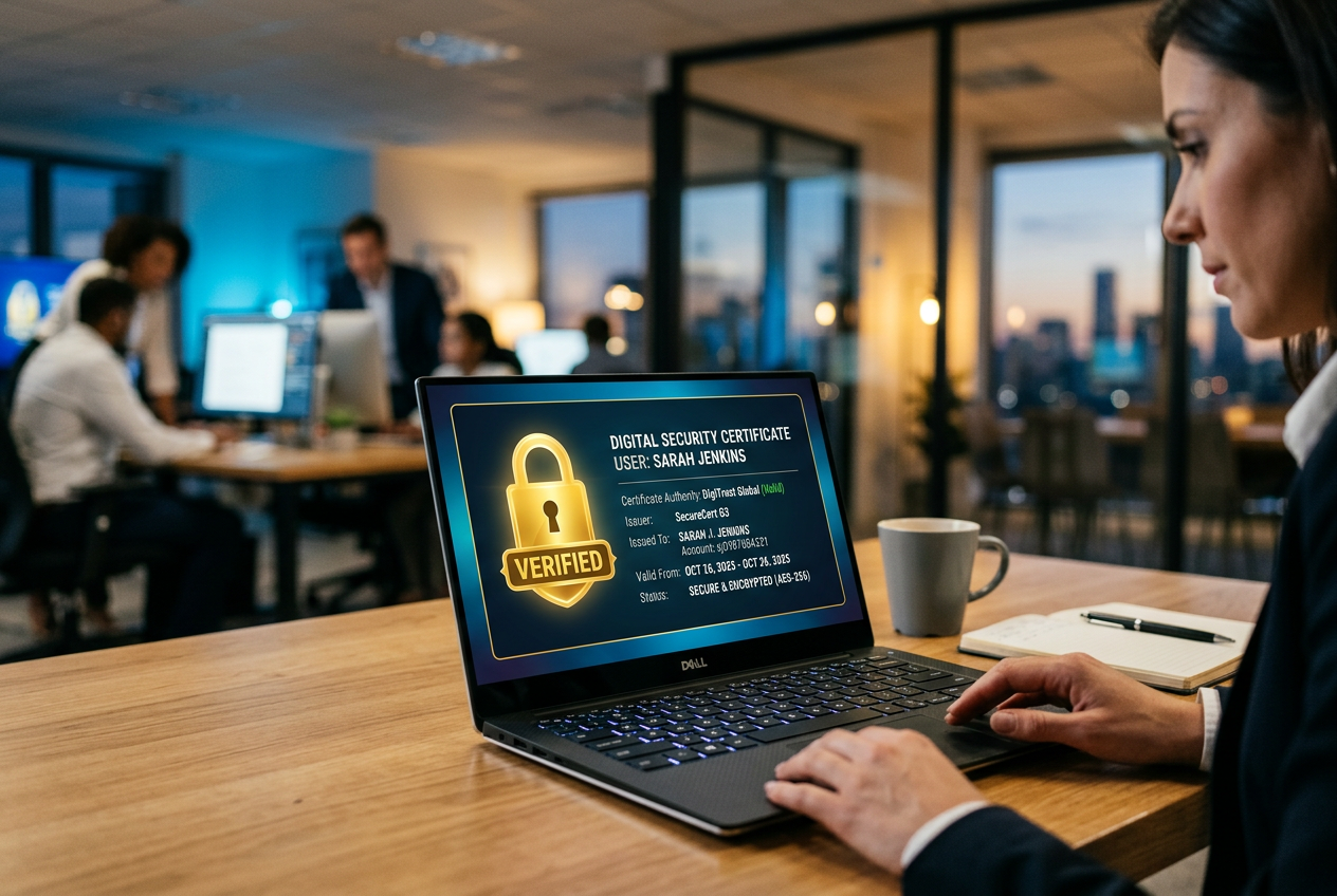Close-up of a digital security certificate on a screen with a gold lock icon.